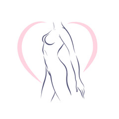 Woman naked silhouette drawing isolated on white background. Abstract sketch style. Woman health care concept. Vector flat illustration.