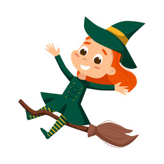 Happy Little Witch Flying on Broom, Cute Girl Wearing Green Dress and Hat Practicing Witchcraft Cartoon Style Vector Illustration