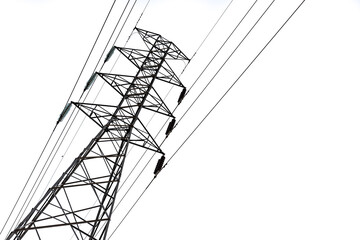 High voltage electricity post with High voltage electricity wires in white sky background.