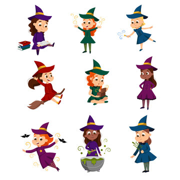 Little Witches Set, Cute Girls Wearing Dress and Hat Practicing Witchcraft, Reading Magic Book, Flying on Broom Cartoon Style Vector Illustration