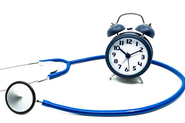Stethoscope and clock on the white background. The importance of accurate diagnosis and...