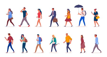 Characters of people walking down the street in light clothes vector illustation. Young girls and men walk isolated on a white background side view.