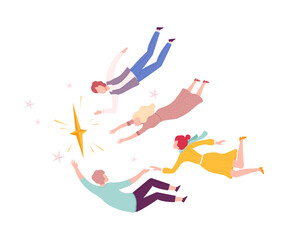 Group of People Floating in Imagination Dreams, Male and Female Person Flying in Sky with Stars Wearing Casual Clothes Flat Style Vector Illustration