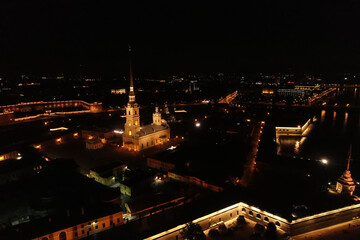 Fototapeta na wymiar Aerial Townscape of Saint Petersburg City at Night. Peter Pavels Fortress