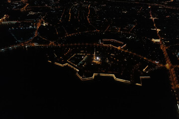 Aerial Townscape of Saint Petersburg City at Night. Peter Pavels Fortress