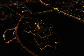 Aerial Townscape of Saint Petersburg City at Night. Peter Pavels Fortress