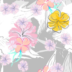 Pink Flowers Blooming Pattern. Pastel Watercolor.