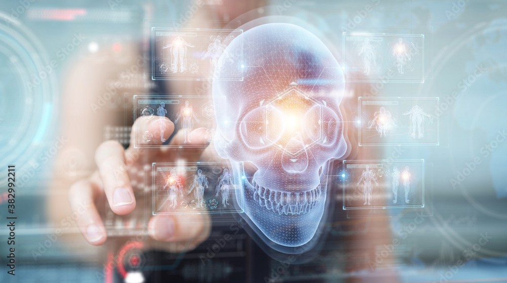 Poster Woman using digital x-ray skull holographic scan projection 3D rendering