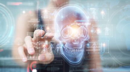 Woman using digital x-ray skull holographic scan projection 3D rendering