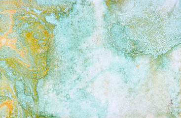 satellite image, green blue gold orange brown, ocean, islands abstract texture background for your design Imitation marble, granite. Paper marbling aqueous surface design, unique monotype.