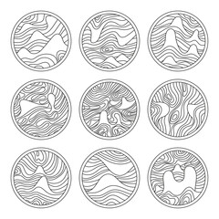 Set of round modern minimal logo with organic shapes with dynamic waves and lines. Vector emblem for cosmetics, beauty industry. Hand drawn templates black color.