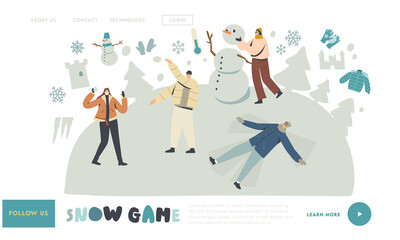 Wintertime Activities and Spare Time Landing Page Template. Characters Enjoy Snow Fun and Winter Holidays Festive Season