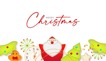Merry Christmas cute design with Santa Claus, fir tree, clock, gingerbread man, garland and toys