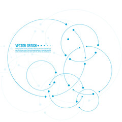Vector abstract background with overlapping circles and dots. Chaotic motion. Round banner with empty space for text. Node molecule structure. Science and connection concept.