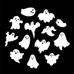 Doodle cute ghosts Haloween collection. Simple spooky character. Scary ghostly monsters. 