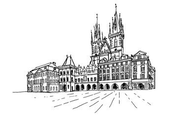 Naklejka premium Vector sketch of The Church of Our Lady before Tyn , Prague, Czech Republic.