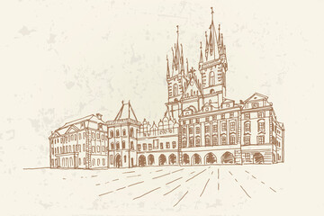 Obraz premium Vector sketch of The Church of Our Lady before Tyn , Prague, Czech Republic.