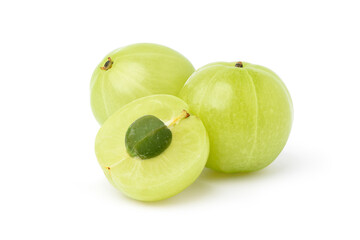  Fresh Indian gooseberry fruits with cut in half  isolated on white background. Clipping path.