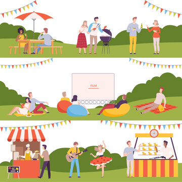 People Performing Leisure Outdoor Activities in Park Set, Men and Women Visiting Street Food Fair, Watching Movie Outdoors, Outdoor Leisure Flat Style Vector Illustration