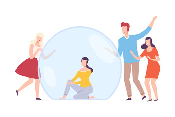 Young Woman Sitting Inside Transparent Bubble, Friends Trying to Reach Her, Separation from Society or Solitude Concept Flat Style Vector Illustration