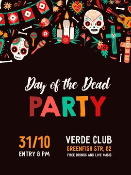 Holiday poster for Day of the dead. Vertical template decorated with sugar skulls, maracas, guitar, bones and garland. Flat vector cartoon illustration of party invitation for Dia de los muertos