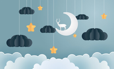 family in the moon and star with the night, vector paper art and craft style illustration.