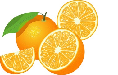 Whole fresh orange fruit with green leaf, half and slice isolated on white background