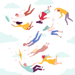 People Flying in the Sky Set, Men and Women Floating in Imagination Dreams Wearing Casual Clothes Flat Style Vector Illustration