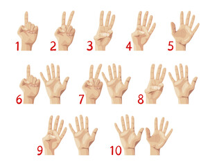 Fototapeta premium Finger Count, Hand Showing Numbers from One to Ten. Education, Palm Gestures or Countdown Concept. Preschool Mathematics