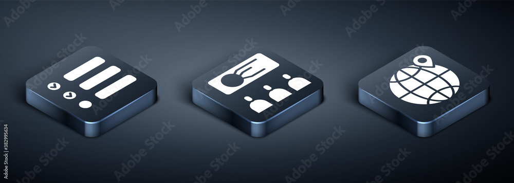Poster set isometric task list, location on the globe and training, presentation icon. vector.