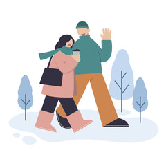 Young couple walking in the park, wearing warm clothes. Male and female faceless characters. Isolated on white background. Flat vector illustration.