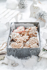 Delicious Christmas gingerbread cookies in a small metal  box