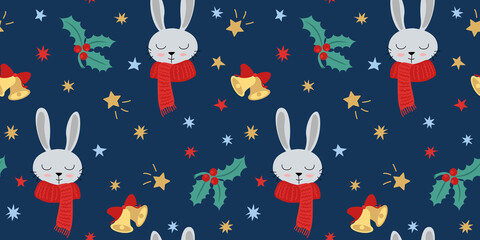 Christmas vector pattern with hand drawn bunny, mistletoes, bells and stars. Seamless vector background.	
