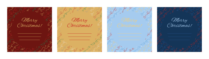 Set of Merry Christmas greeting cards with confetti and text. Square winter holiday art templates.