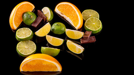 Fresh sliced fruit slices lemon lime orange with chocolate on a black background