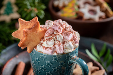 Hot and homemade cocoa for Christmas with marshmallows