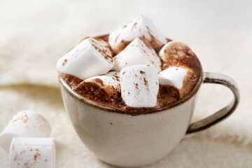 Hot cocoa or hot chocolate with marshmallows in a ceramic Cup on a white background