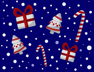 Blue Christmas card. Congratulations. Happy new year. Isolated elements of present, candies, christmas tree. Postcard.