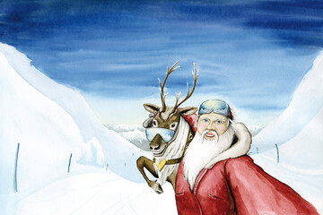 Weihnachtsmann mit Rentier auf der Skipiste