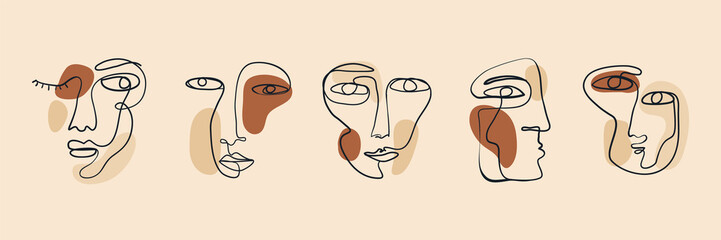 Trendy vector set of various faces illustrations in minimal continuous line style. Hand drawn vector fashionable collection.