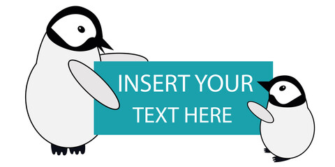 Cute Kawaii penguin baby vector illustration banner. Two adorable cartoon emperor chicks are holding an aqua blue sign with space for your copy text. Hand drawn winter themed design. Great for kids.