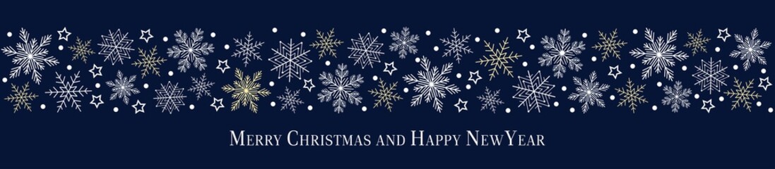Naklejka na ściany i meble Extra wide Christmas banner. New Year s illustration. Classic style. Snowflakes.