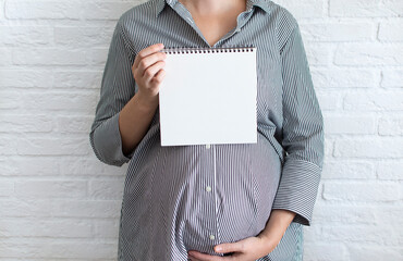 Young pregnant woman sign for the text, holding blank white card near belly, empty space for text. Pregnant woman working concept, planning shopping, childbirth. Copyspace