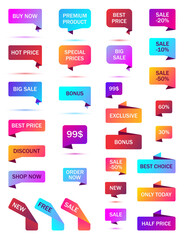 Vector stickers, price tag, banner, label. Coupon sale, offers and promotions vector template.