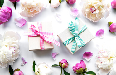 Peonies and gift boxes