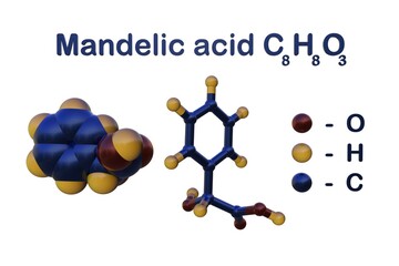 Structural chemical formula and molecular model of mandelic acid, an alpha hydroxy acid derived from almond. It is an anti-ageing skin ingredient. 3d illustration