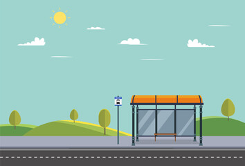 Bus stop on main street city.Public park with bench and bus stop with nature landscape.Public road in summer.Vector illustration	 - obrazy, fototapety, plakaty