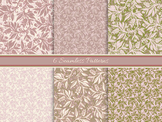 Set of 6 Floral seamless patterns with leaves and berries in chartreuse green, pink, cream, taupe colors, hand-drawn and digitized. Design for wallpaper, textile, fabric, wrapping, background.