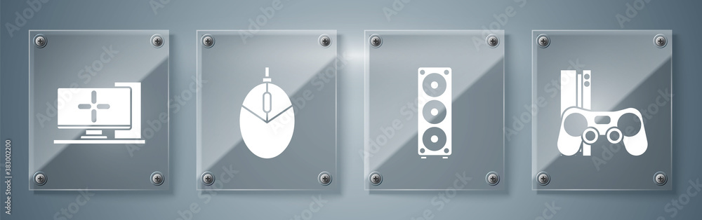 Poster set game console with joystick, stereo speaker, computer mouse gaming and computer monitor. square g