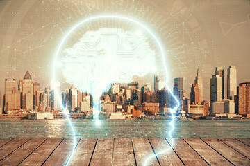 Brain hologram drawing on cityscape background multi exposure. Ai in modern city concept.
